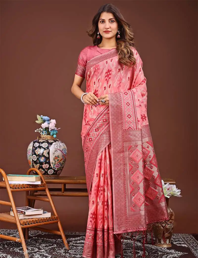 Peach linen cotton patola saree