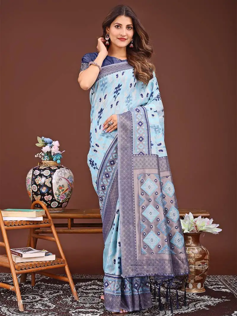 Sky blue linen cotton patola saree