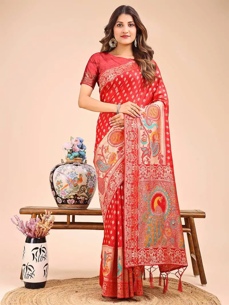 Red linen cotton saree with royal peacock pallu