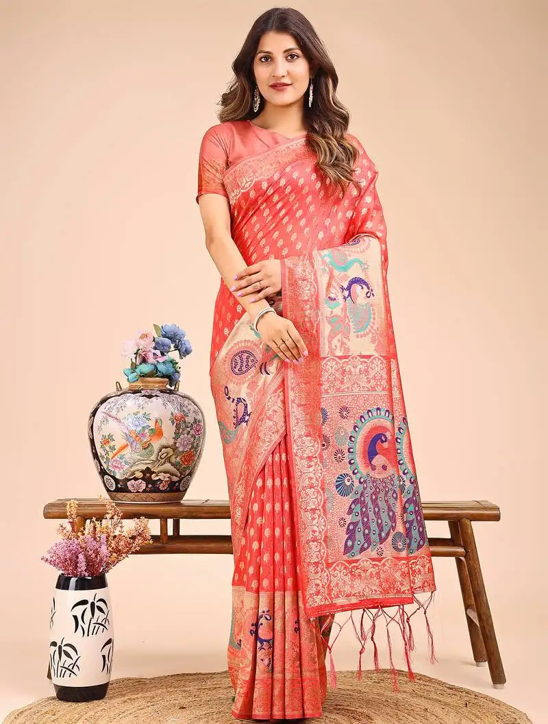 Peach linen cotton saree with royal peacock pallu