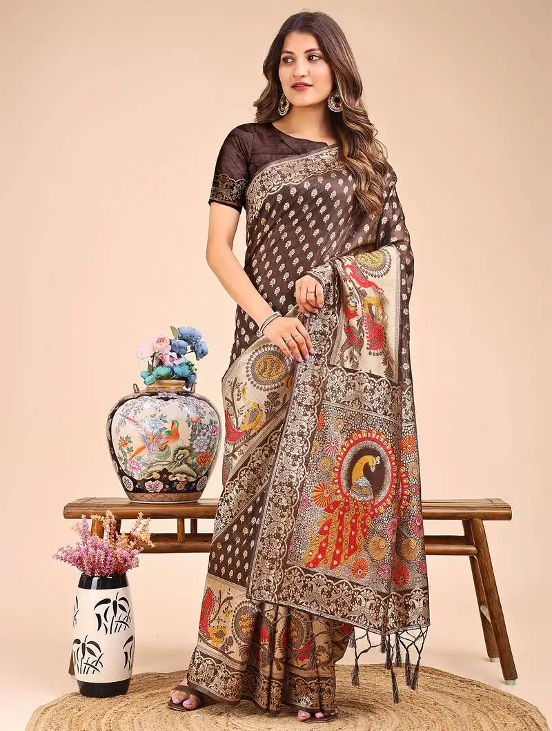 Brown linen cotton saree with royal peacock pallu