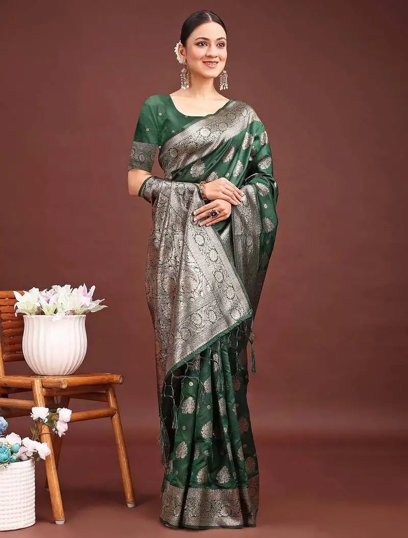 Dark green banarasi silk saree with zari weaving   a timeless tale of elegance