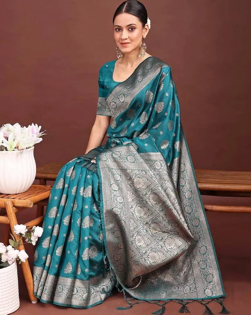 Sea green banarasi silk saree with zari weaving a timeless tale of elegance