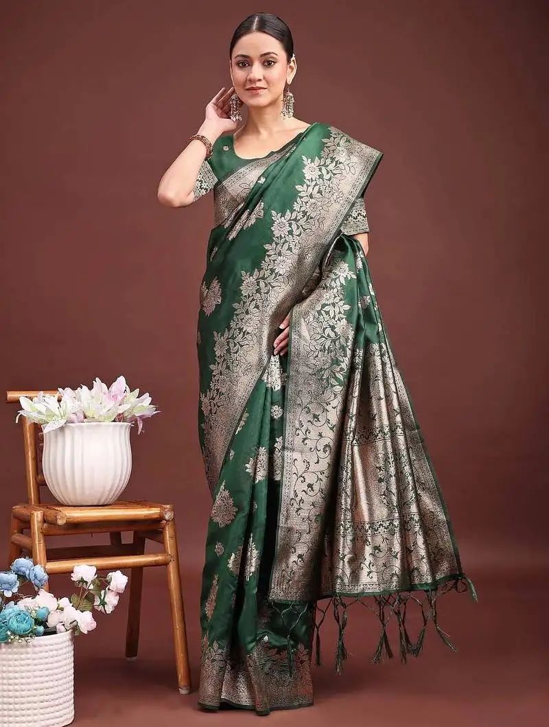 Emerald green banarasi silk saree with zari floral work   elegance woven in every thread