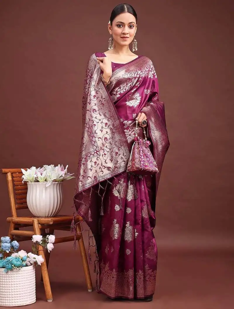 Emerald purple banarasi silk saree with zari floral work   elegance woven in every thread