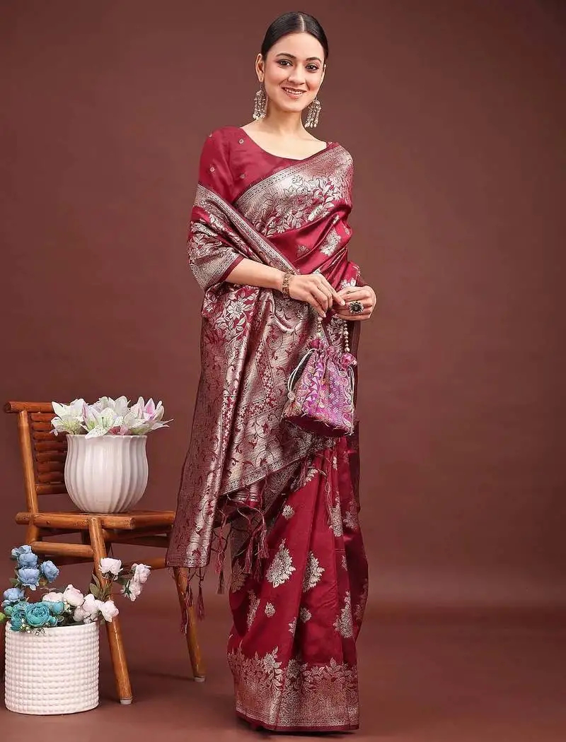 Emerald maroon banarasi silk saree with zari floral work   elegance woven in every thread