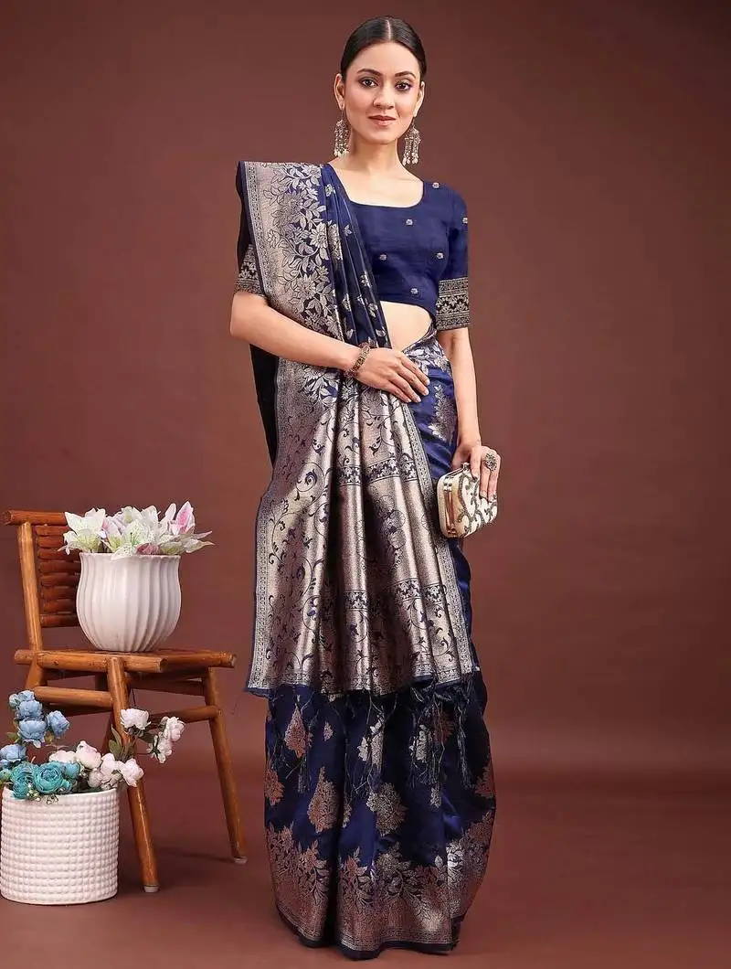 Emerald navy blue banarasi silk saree with zari floral work   elegance woven in every thread