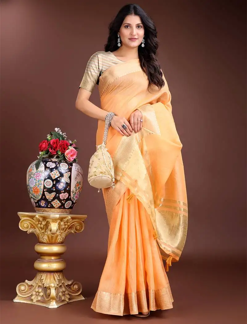 Orange gold cotton ready-to-wear saree
