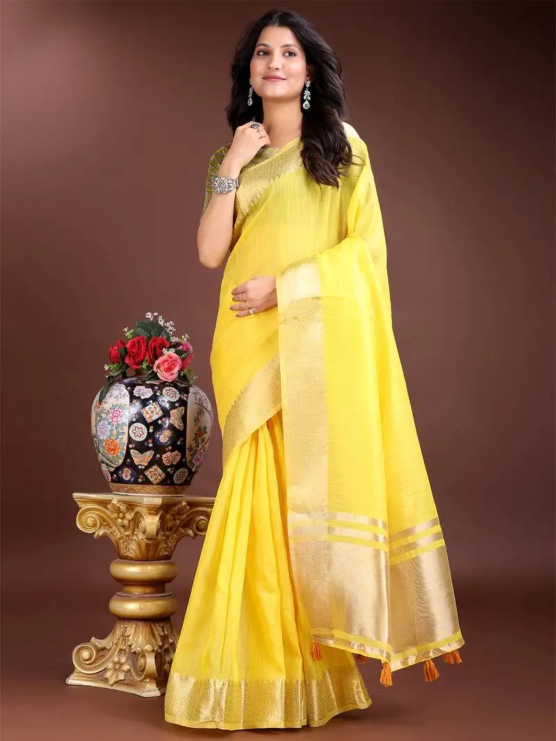 Yellow gold cotton ready-to-wear saree