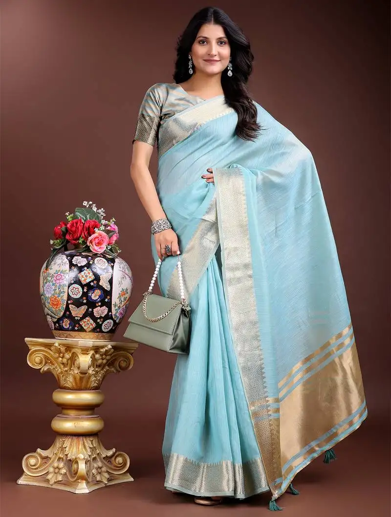 Sky blue gold cotton ready-to-wear saree