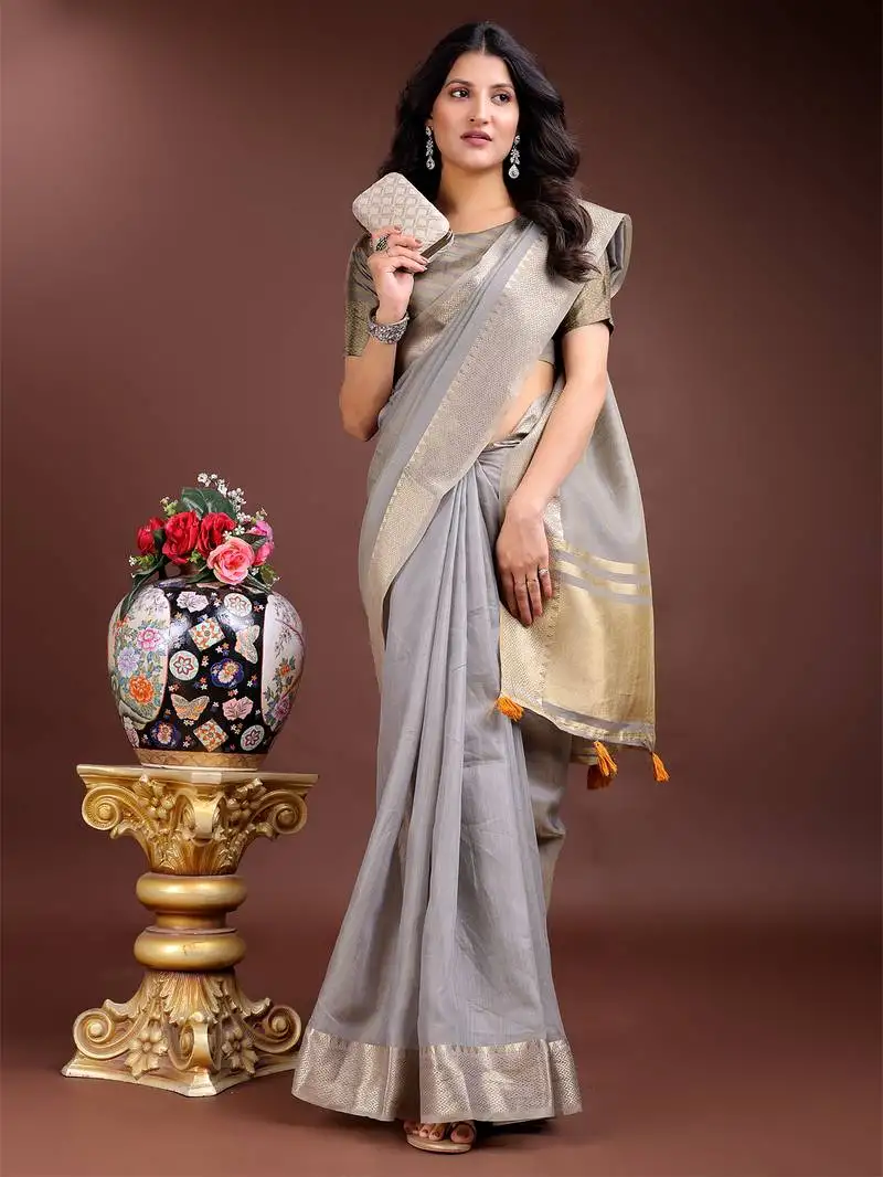 Grey gold cotton ready-to-wear saree