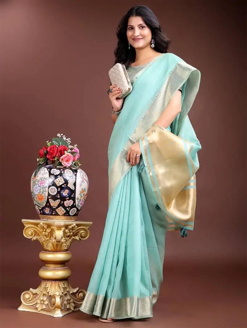 Sea green gold cotton ready-to-wear saree