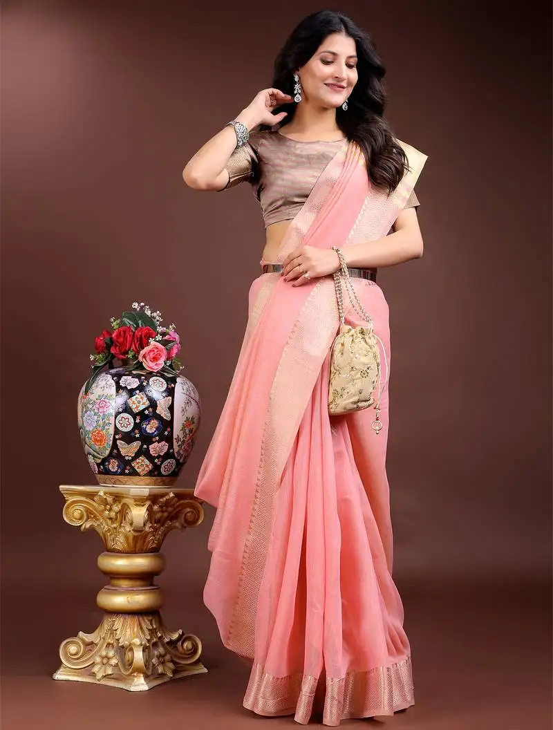 Pink gold cotton ready-to-wear saree