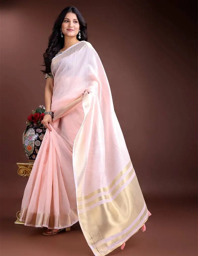Light pink gold cotton ready-to-wear saree