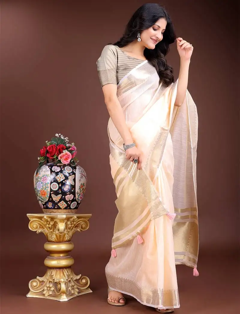 Peach gold cotton ready-to-wear saree