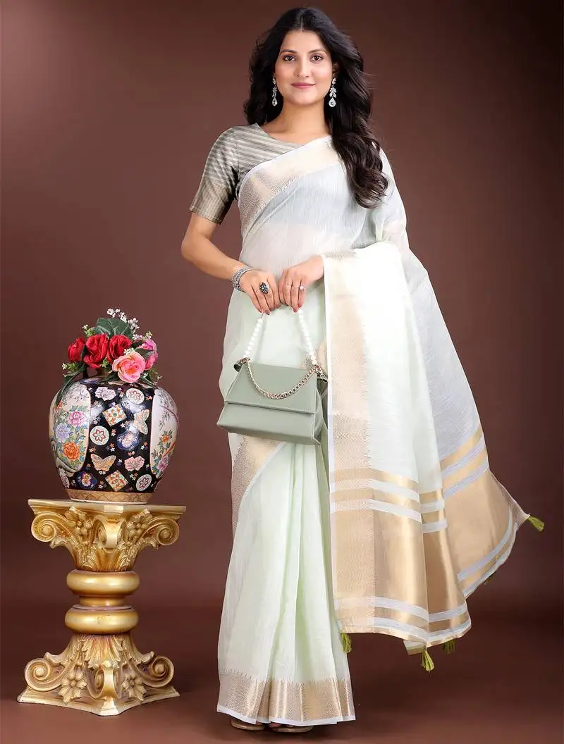 Light green gold cotton ready-to-wear saree
