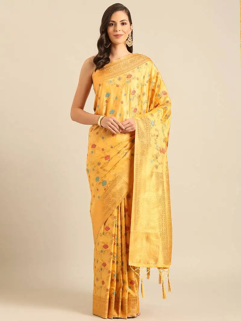 Yellow banarasi silk saree with golden zari woven border