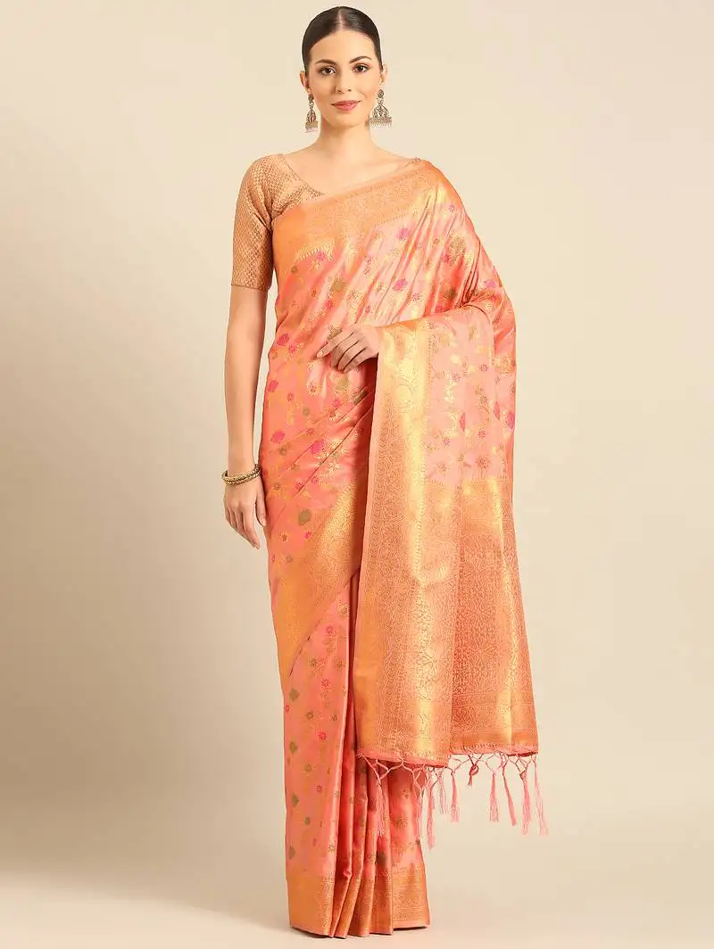 Peach banarasi silk saree with golden zari woven border