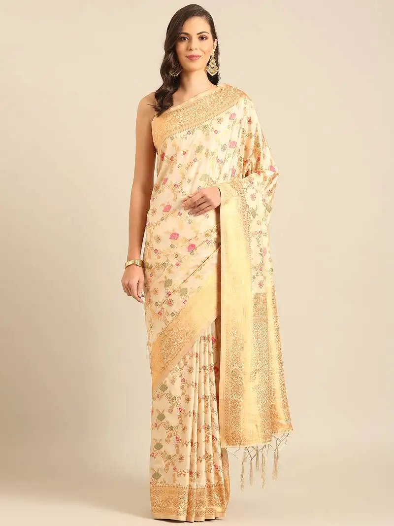 White banarasi silk saree with golden zari woven border
