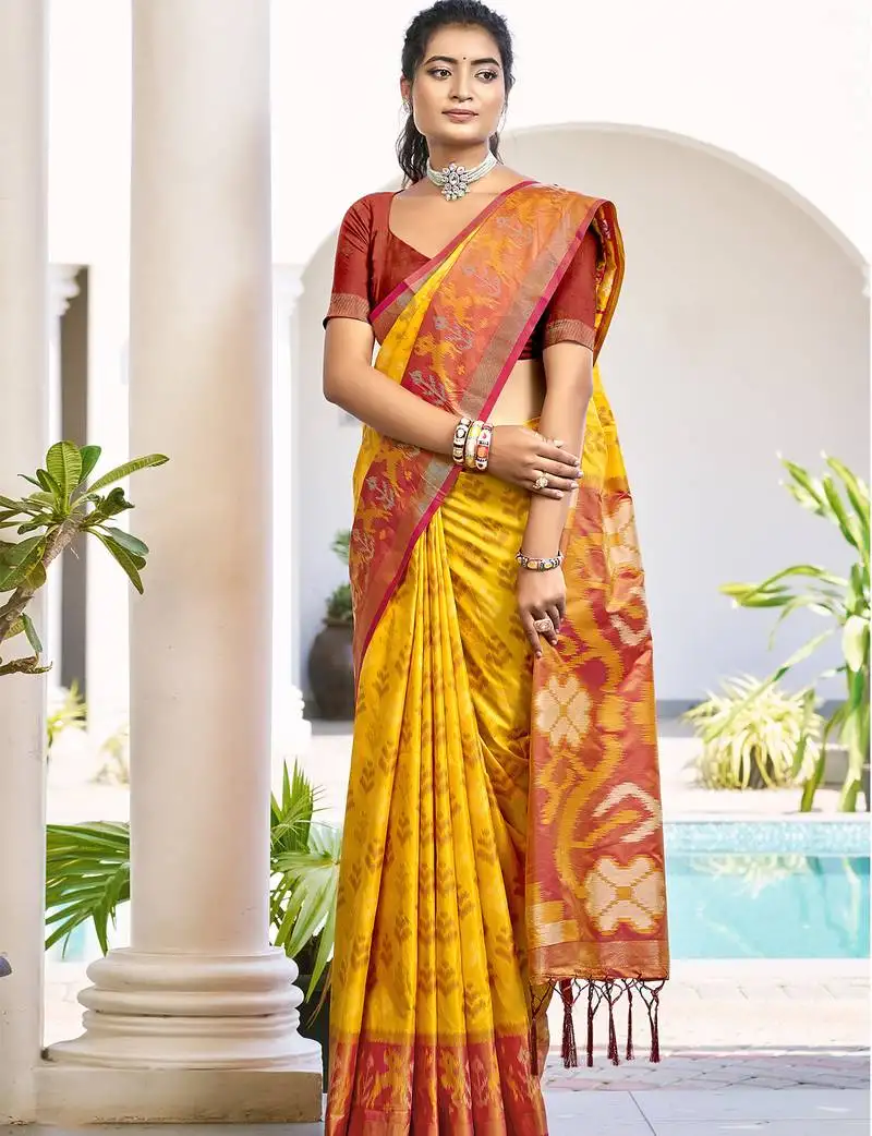 Yellow & maroon pochampalli silk blend saree