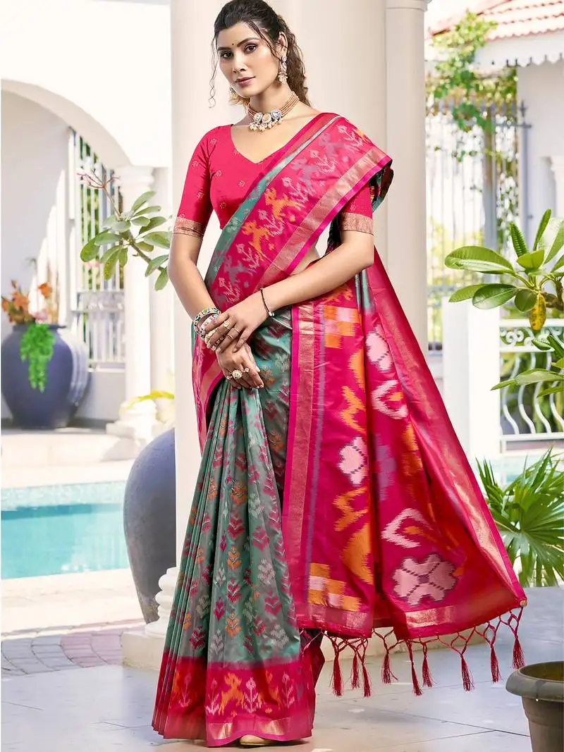Grey & red pochampalli silk blend saree