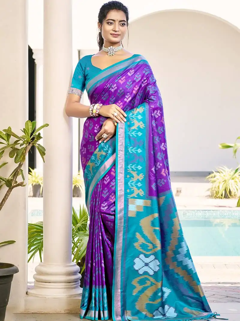 Violet & sky blue pochampalli silk blend saree
