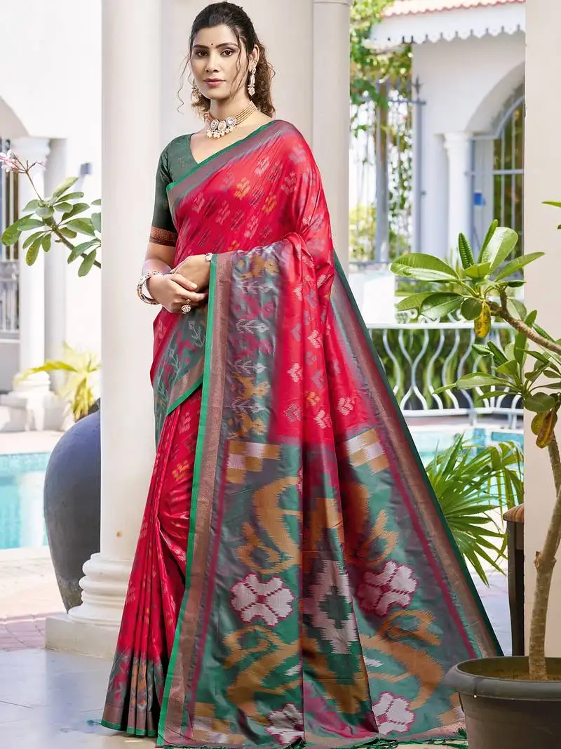 Red & mehendi green pochampalli silk blend saree