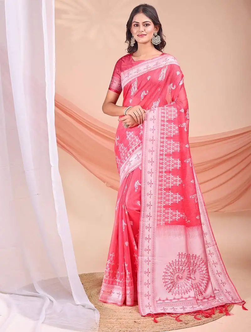 Red & white linen cotton saree for women