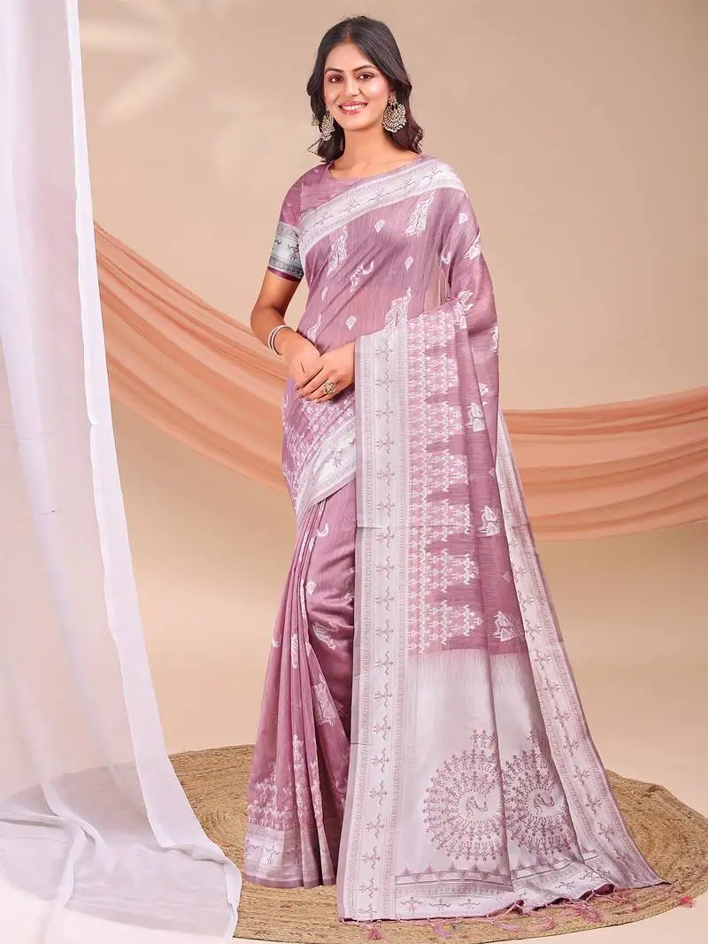 Purple & white linen cotton saree for women