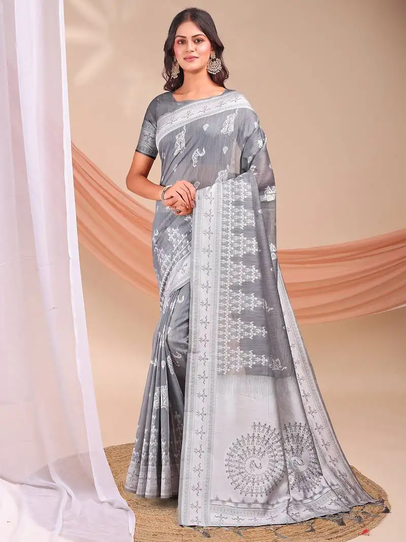 Grey & white linen cotton saree for women