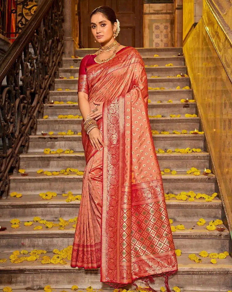 Peach banarasi silk blend woven work saree