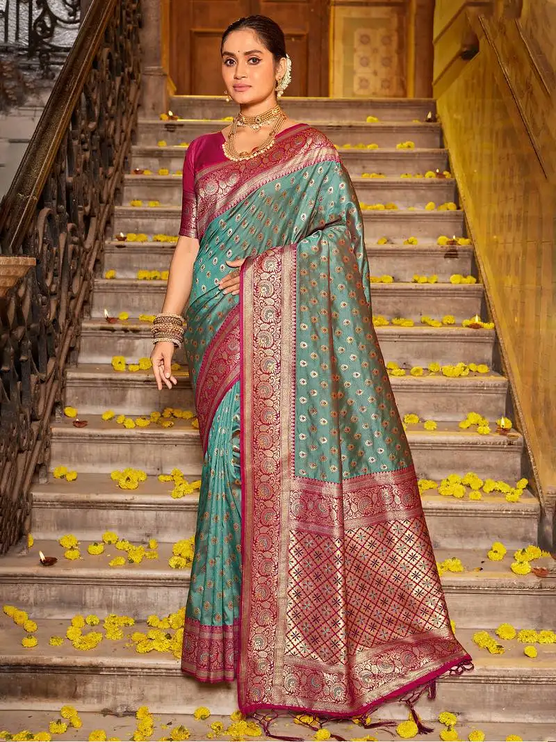 Sea green banarasi silk blend woven work saree