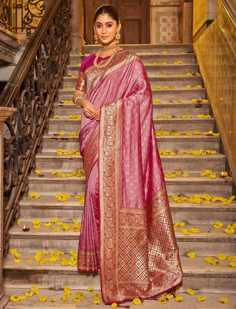 Light pink banarasi silk blend woven work saree