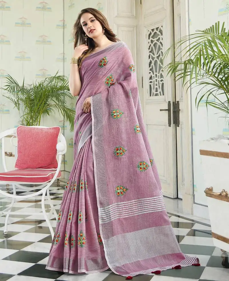 Light purple linen cotton embroidered saree