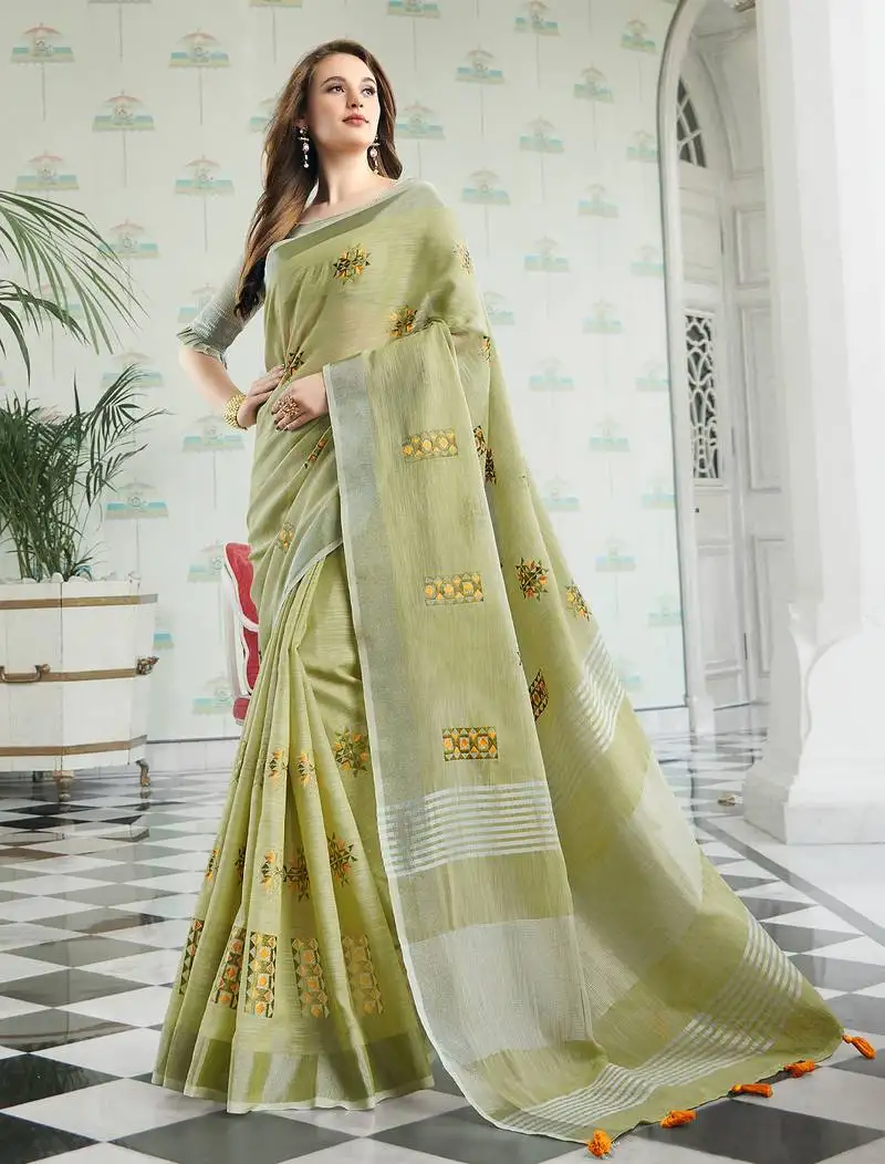 Pista green linen cotton embroidered saree