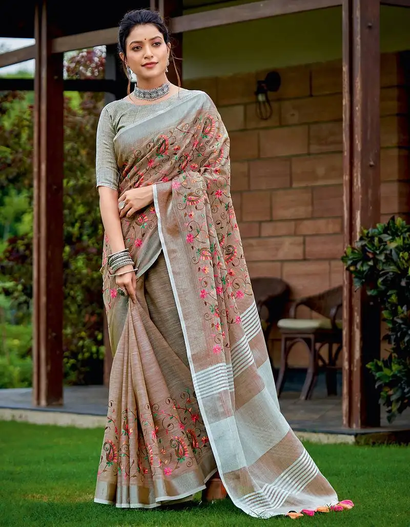 Brown linen cotton resham dori work saree