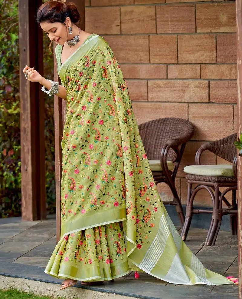 Yellow green linen cotton resham dori work saree