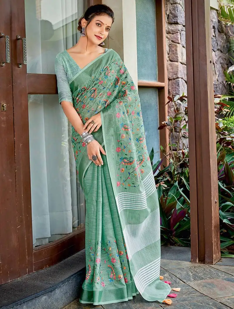 Sea green linen cotton resham dori work saree