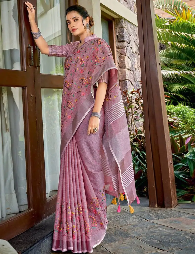 Purple linen cotton resham dori work saree