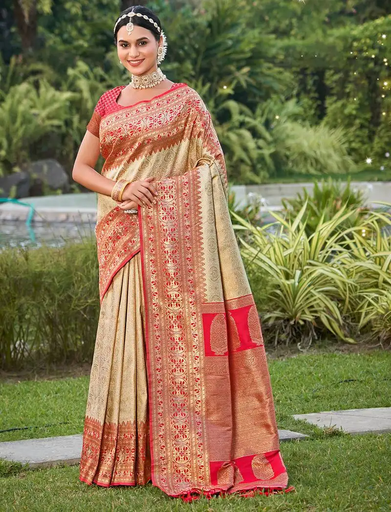Cream kanjivaram silk woven work traditional tassels saree