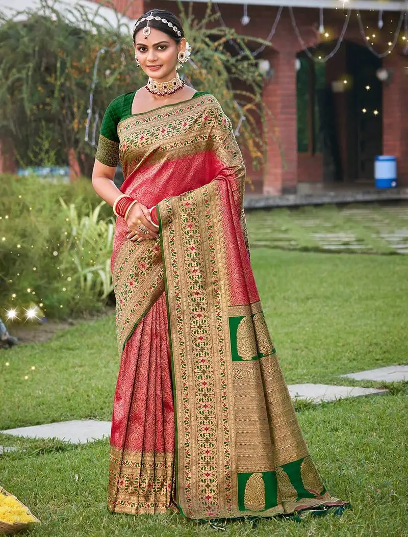 Pink kanjivaram silk woven work traditional tassels saree