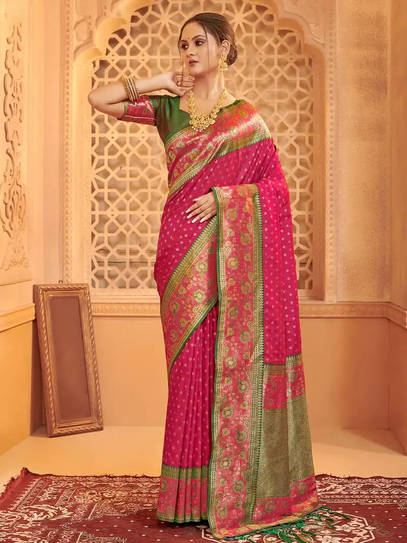 Pink banarasi silk woven work traditional tassels saree