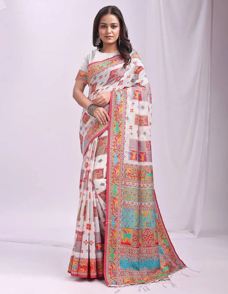 White linen cotton saree with multicolor ethnic print