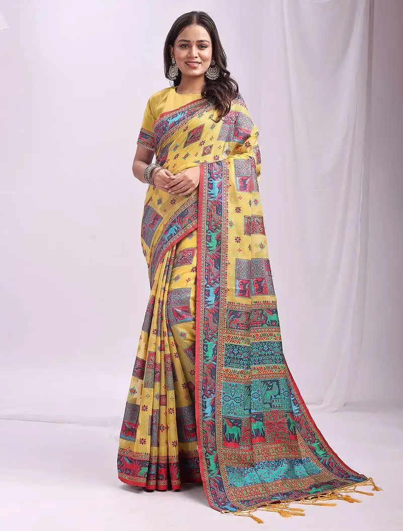 Yellow linen cotton saree with multicolor ethnic print
