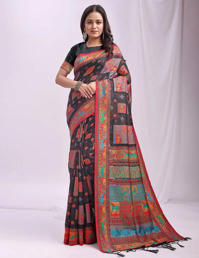 Black linen cotton saree with multicolor ethnic print