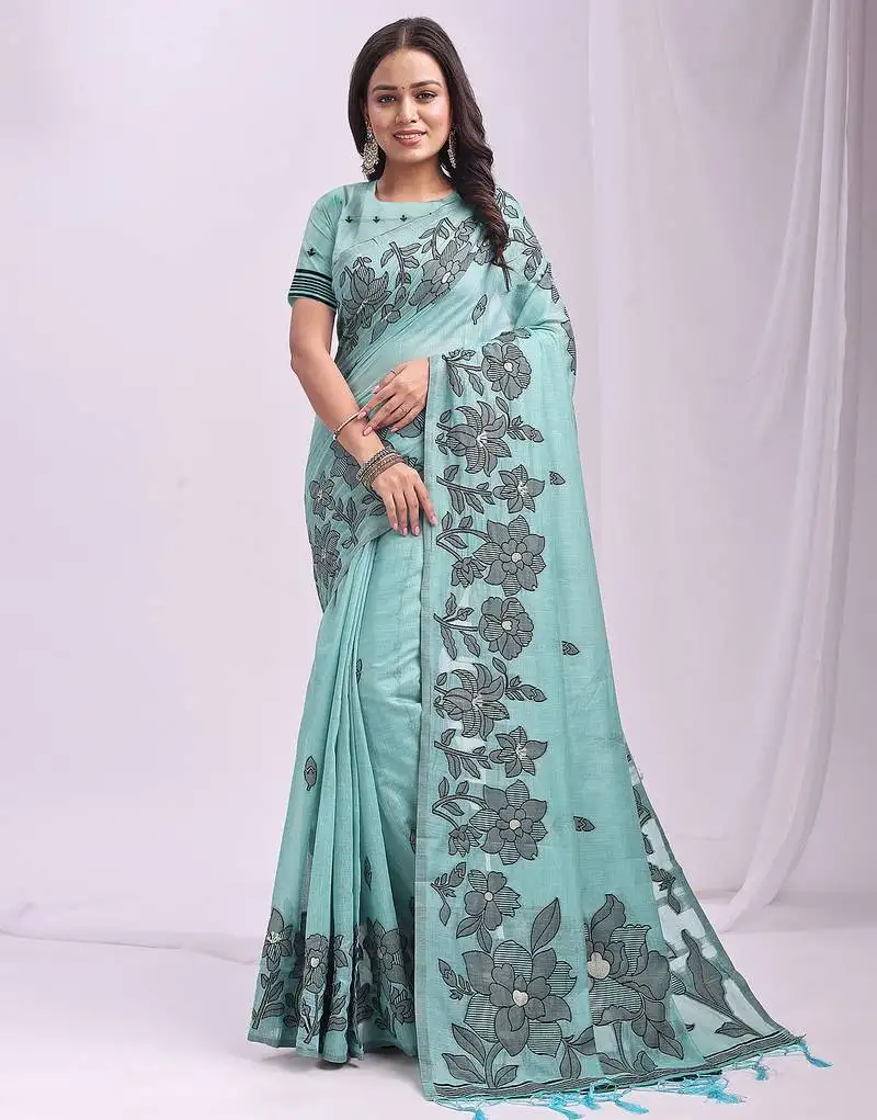 Aqua blue linen cotton saree with black floral print