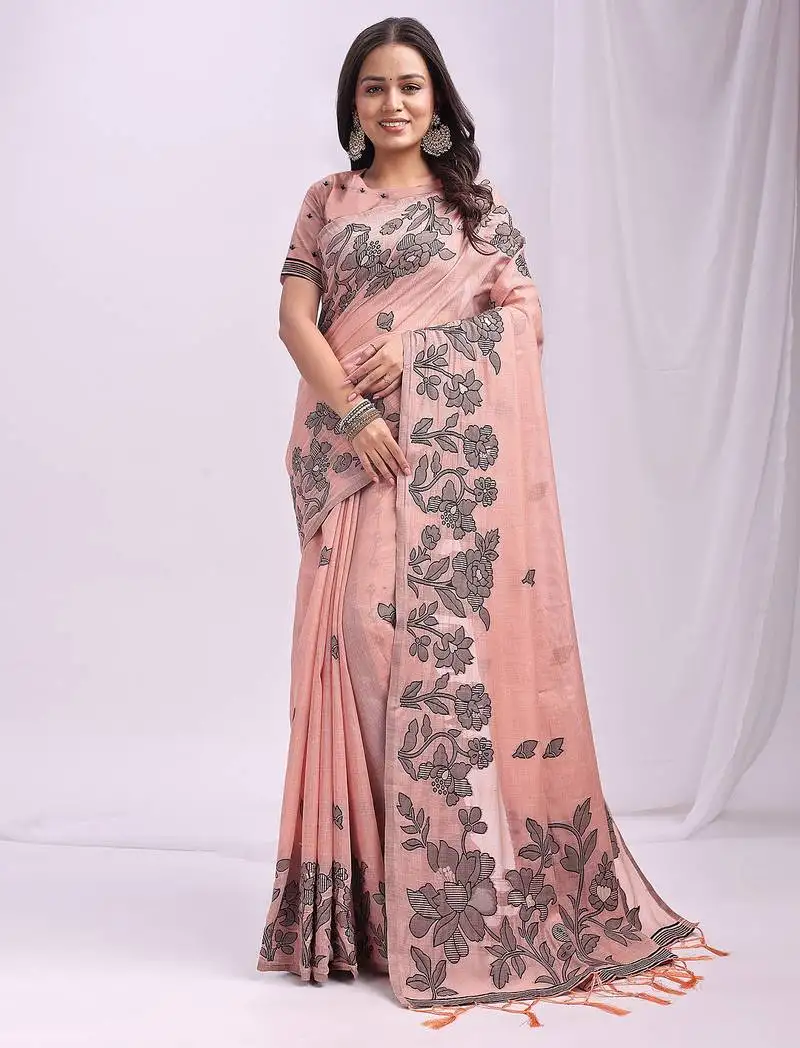 Peach linen cotton saree with black floral print