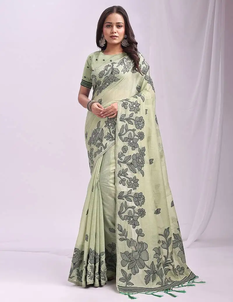 Light green linen cotton saree with black floral print