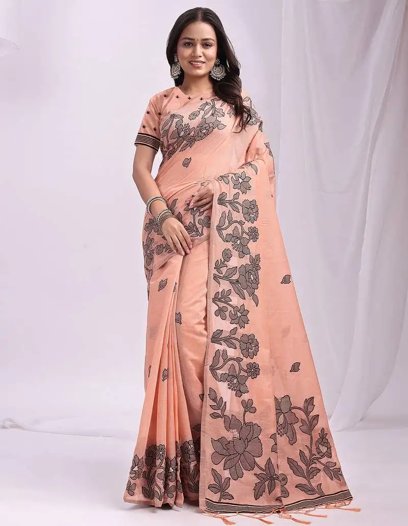 Orange linen cotton saree with black floral print