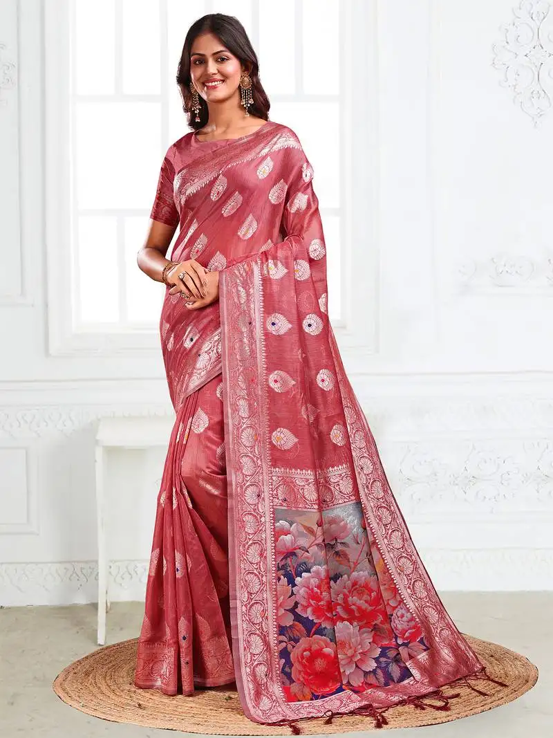Rust floral linen cotton saree with zari border & digital printed pallu